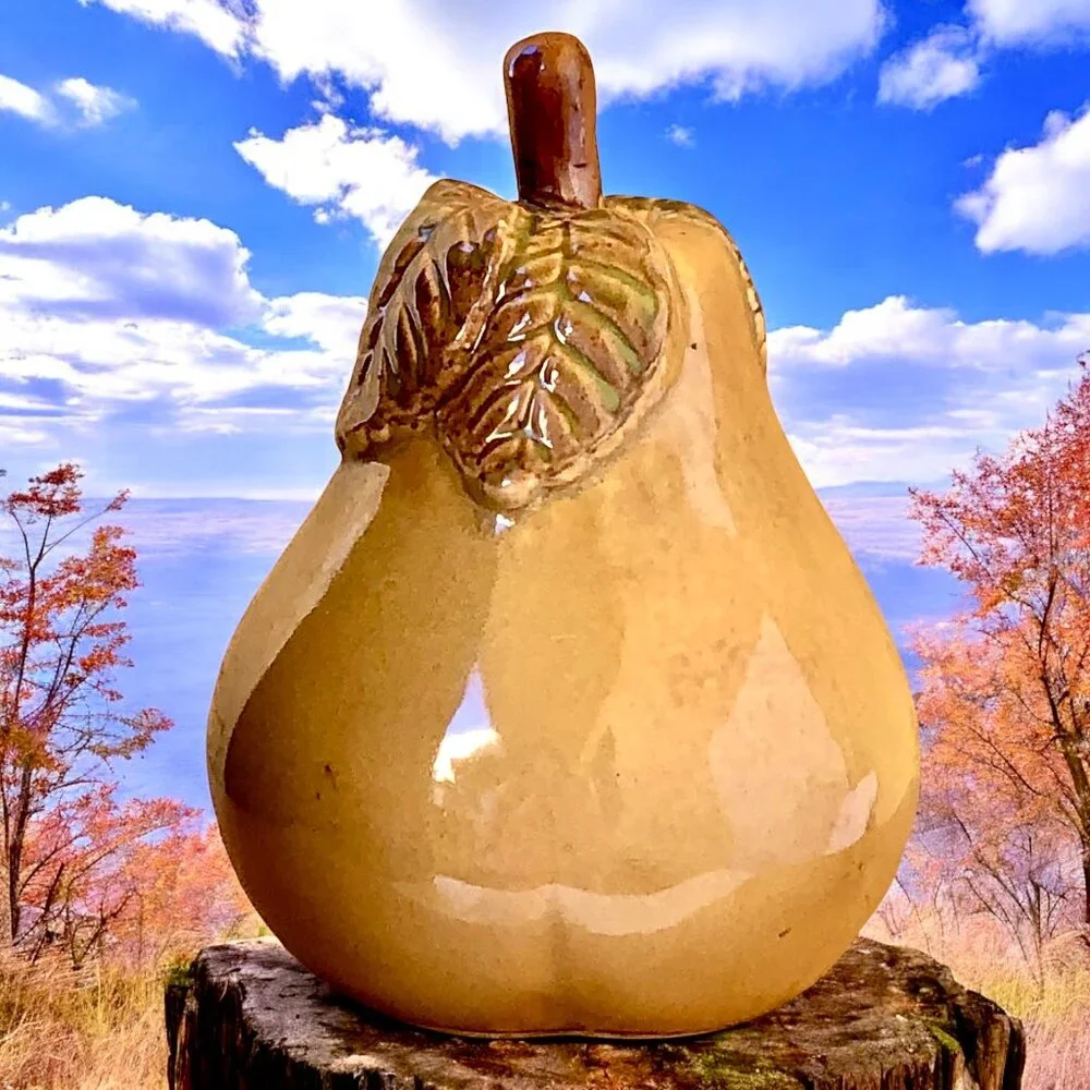 Ceramic Pear Fruit With Leaf Stem Decorative Figurine 7.6